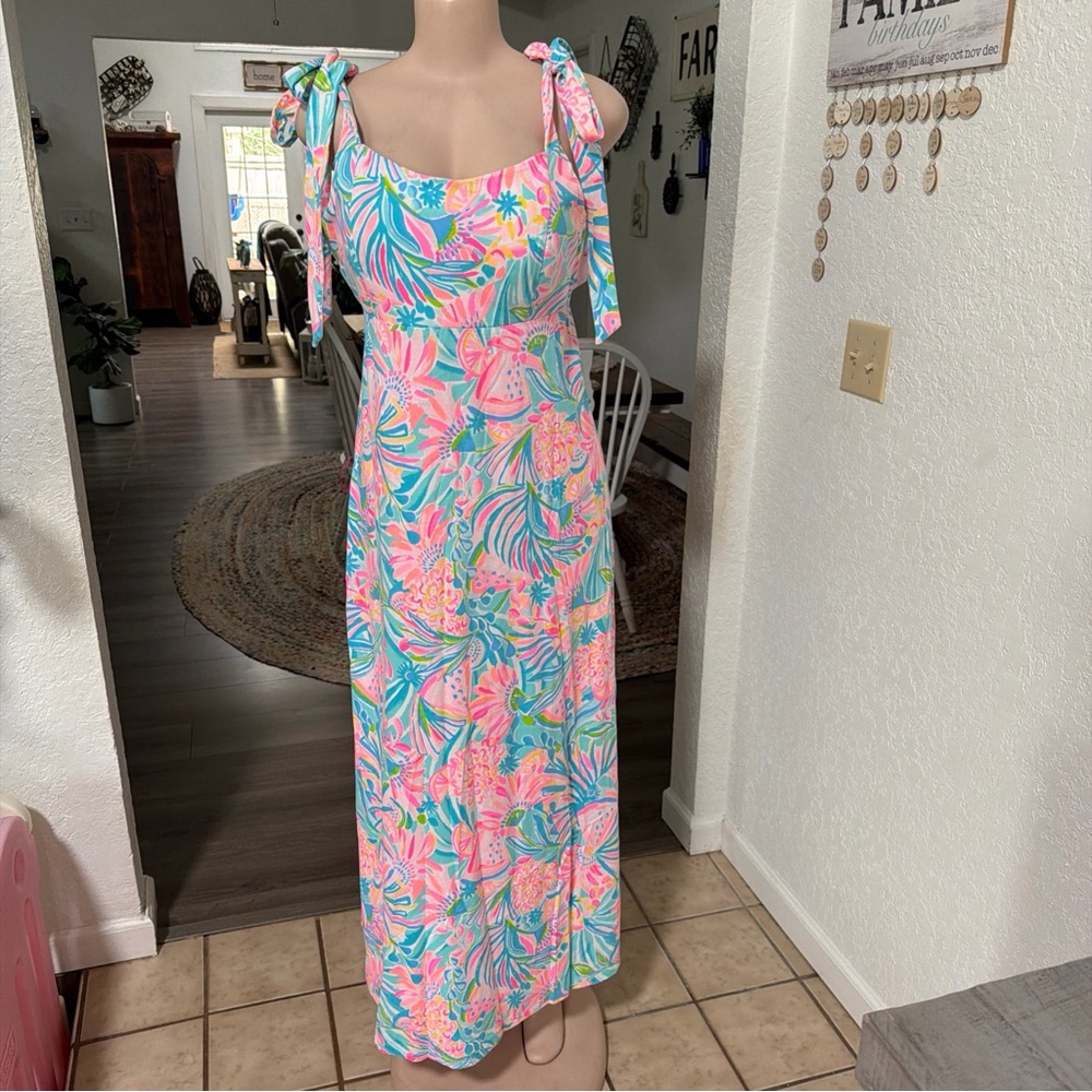 Lilly Pulitzer Pink and Blue tie top, smocked back maxi dress size Large EUC